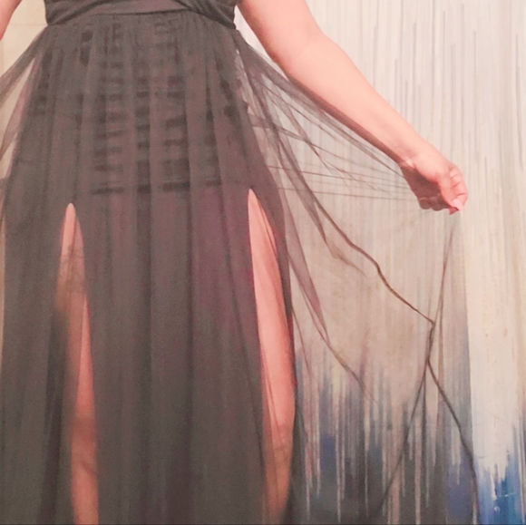 Blashe Long Black Dress with Sequin Top Sheer Bottom - Picture 9 of 13